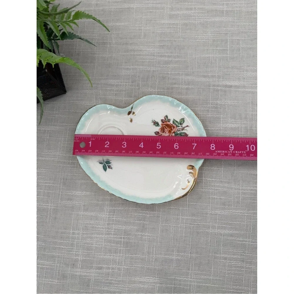 Vintage Floral Porcelain Tea Cup Tray Mint Green Gold Rose Serving Dish